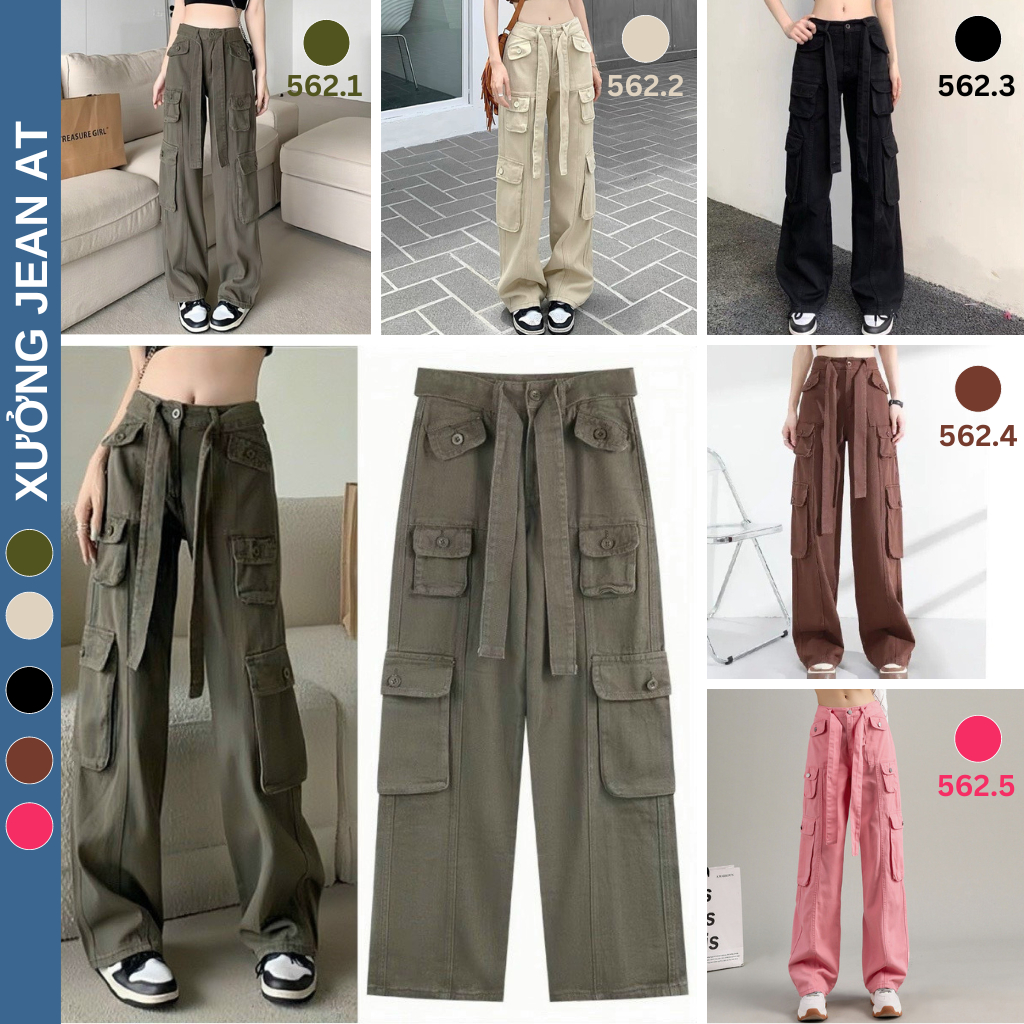 Quần Kaki Nữ Ống Rộng Túi Hộp Cargo Pants Phối Dây Dáng Suông Lưng Cao Phong Cách Ulzzang Cực Chất Unisex 557 561 562