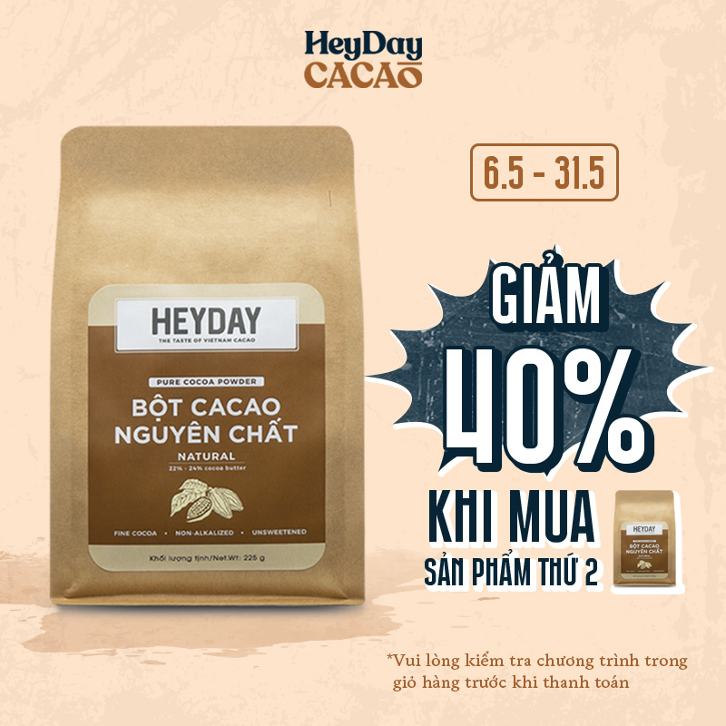 Bột cacao nguyên chất 100% Heyday - Dòng Natural thuần tự nhiên, không kiềm hoá - Túi giấy 225g - Chuẩn UTZ Quốc Tế