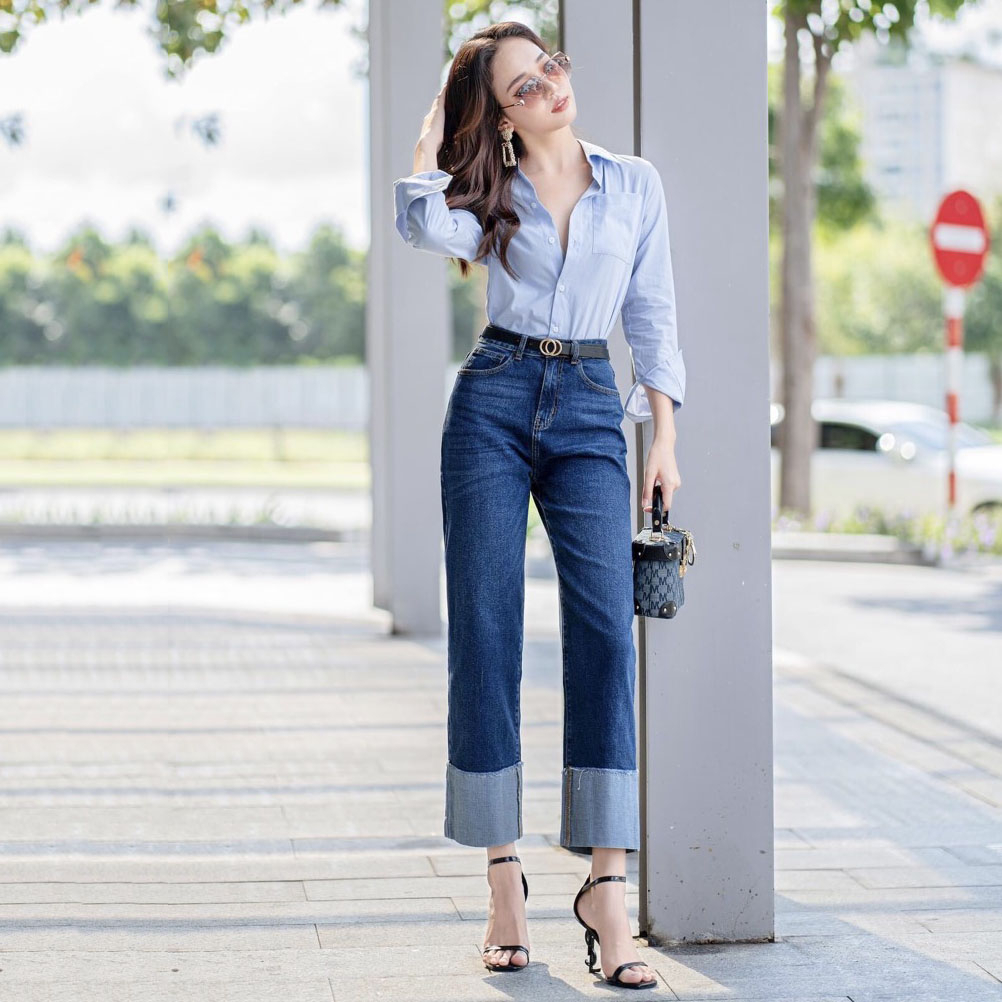 Quần jean ống rộng nữ lưng cao vải co giãn 4 chiều thoáng khí lật gấu ngược CP08, CT JEANS