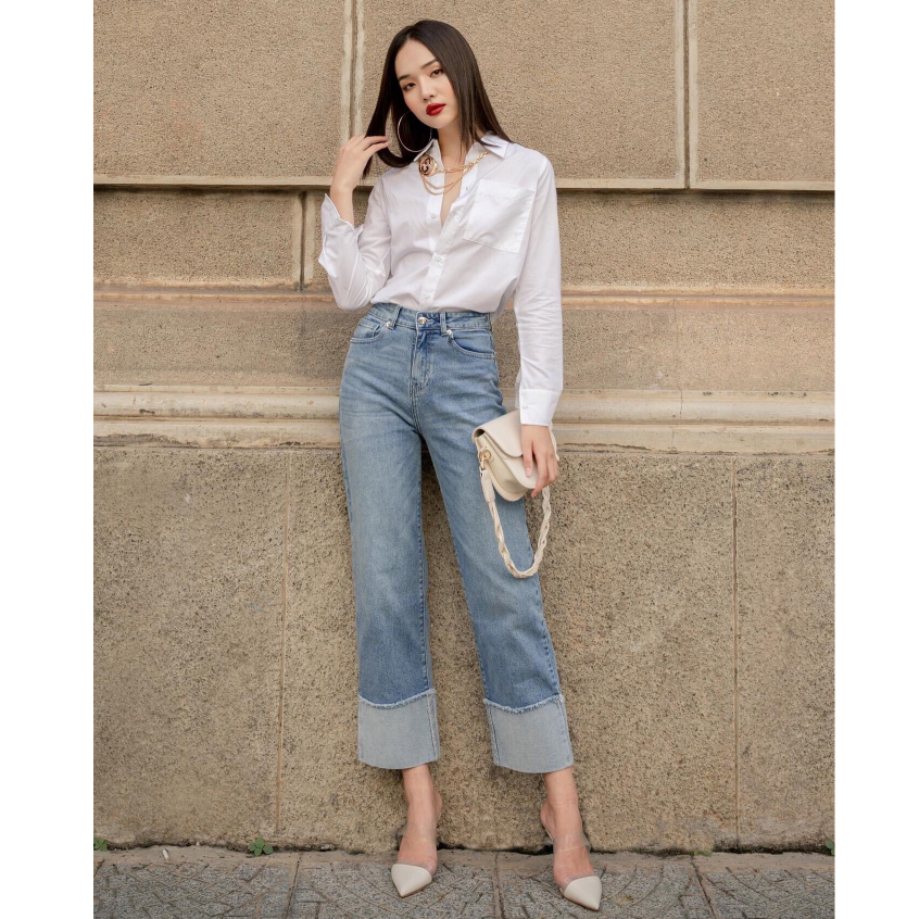 Quần jean ống rộng nữ lưng cao vải co giãn 4 chiều thoáng khí lật gấu ngược CP08, CT JEANS
