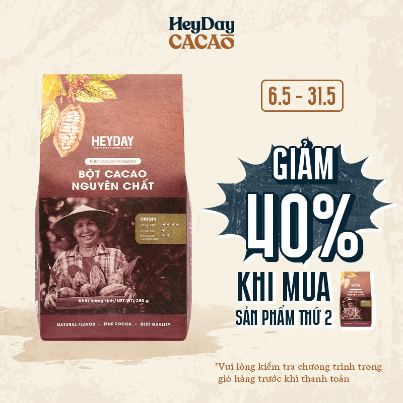 Bột cacao nguyên chất 100% Heyday - Dòng Origin thượng hạng - Túi giấy 100g, 250g - Chuẩn UTZ Quốc Tế