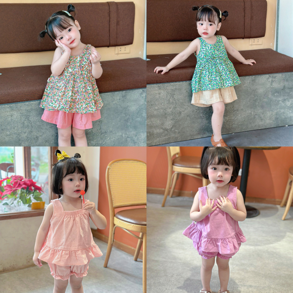 (Hàng thiết kế)(7-23kg) Set bộ bé gái thiết kế áo sát nách chun ngực điệu đà kết hợp quần đùi xinh xắn