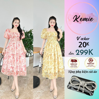 Váy hoa nhí cổ vuông hở lưng cá tính, Đầm hoa nhí tay bồng dáng dài, Váy hoa dáng xòe chun eo KEMIE SHOP