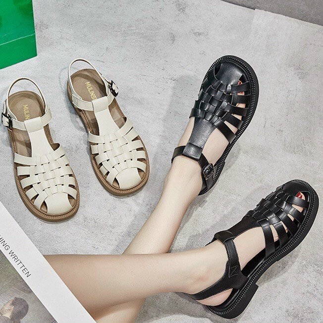 Ảnh thật Mã SR07 giày sandal nữ rọ đan dây nhỏ da lỳ mềm đế cao 2p siêu xinh