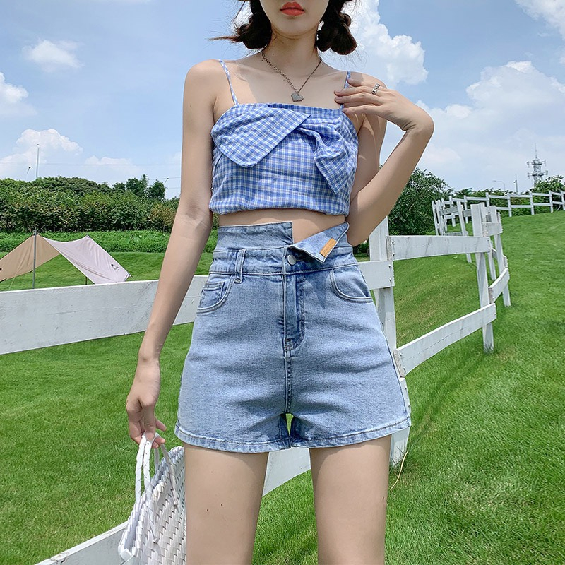 Quần short jean nữ lưng cao sooc bò denim ngắn bẻ cạp cá tính màu xanh trắng đen S6