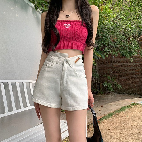 Quần short jean nữ lưng cao sooc bò denim ngắn bẻ cạp cá tính màu xanh trắng đen S6