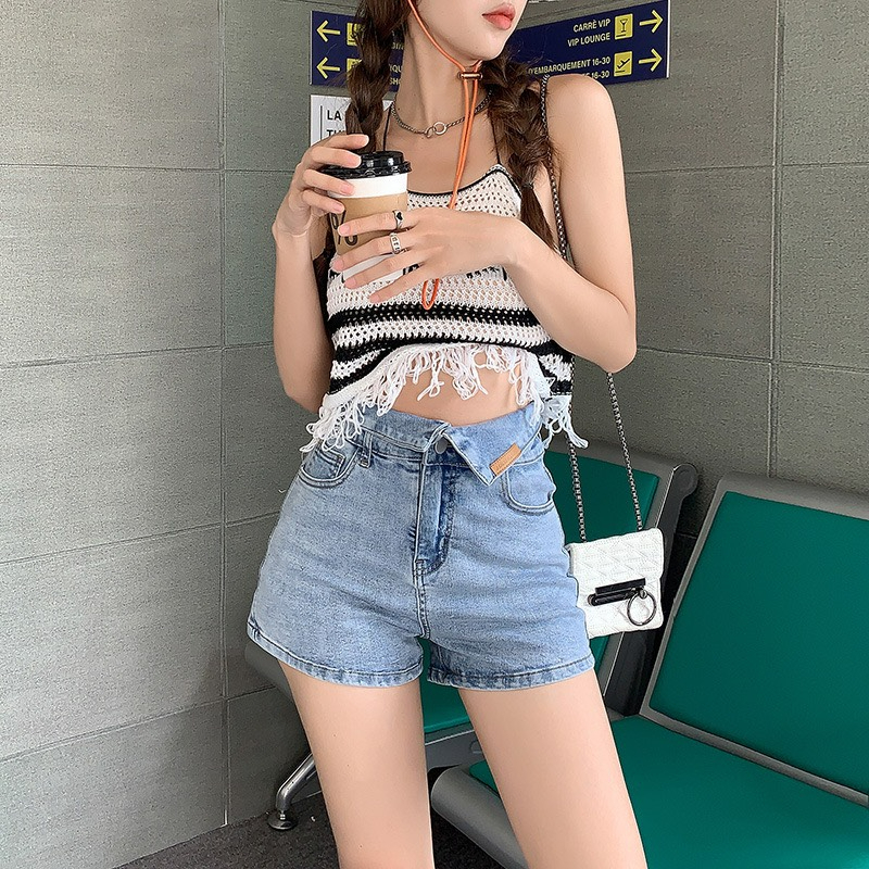 Quần short jean nữ lưng cao sooc bò denim ngắn bẻ cạp cá tính màu xanh trắng đen S6