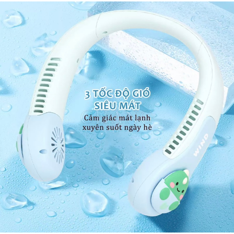 Quạt Đeo Cổ Không Cánh Hình Thú Wind 3D, Quạt Mini Cute Sạc Tích Điện USB 3 Cấp Độ Gió