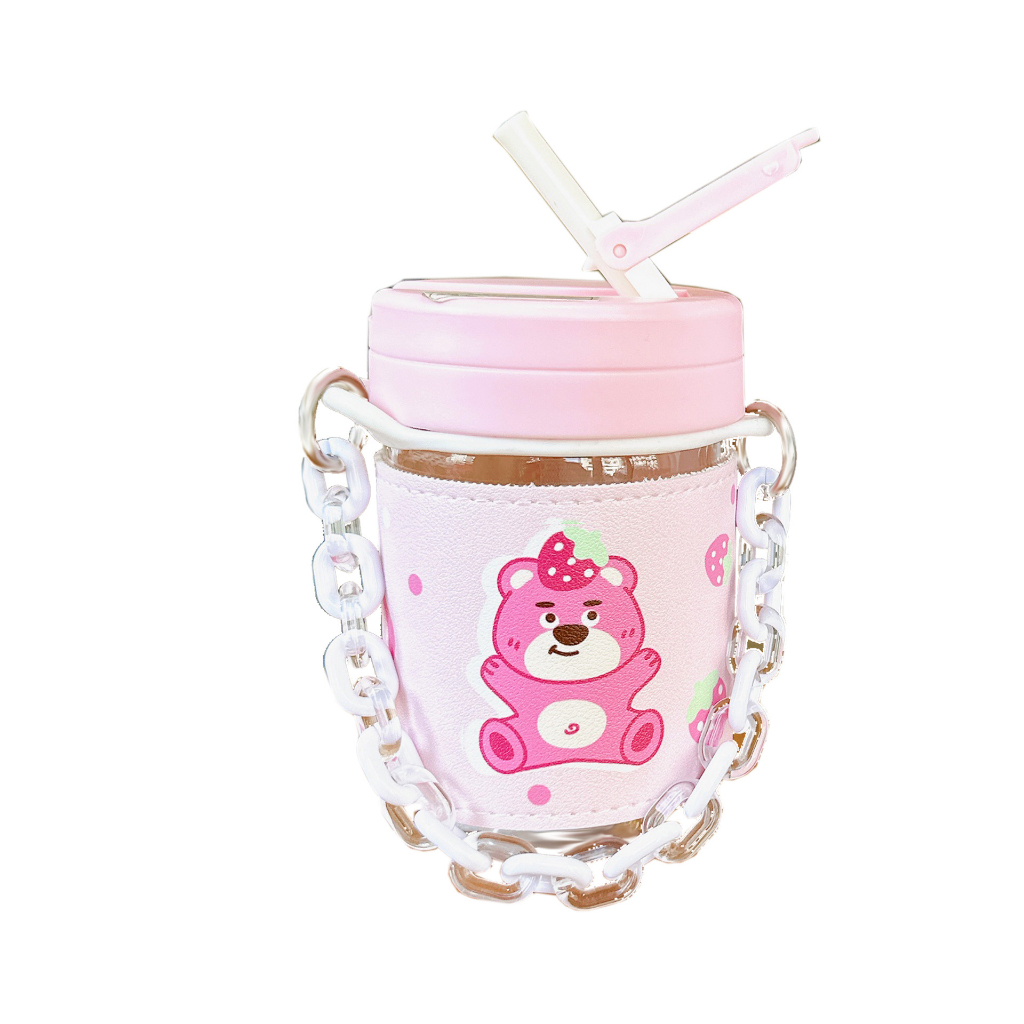 Bình Nước Bọc Da Gấu Hồng PINK BEAR Có Quai Xách Cực Cute 450ml BSQ-593