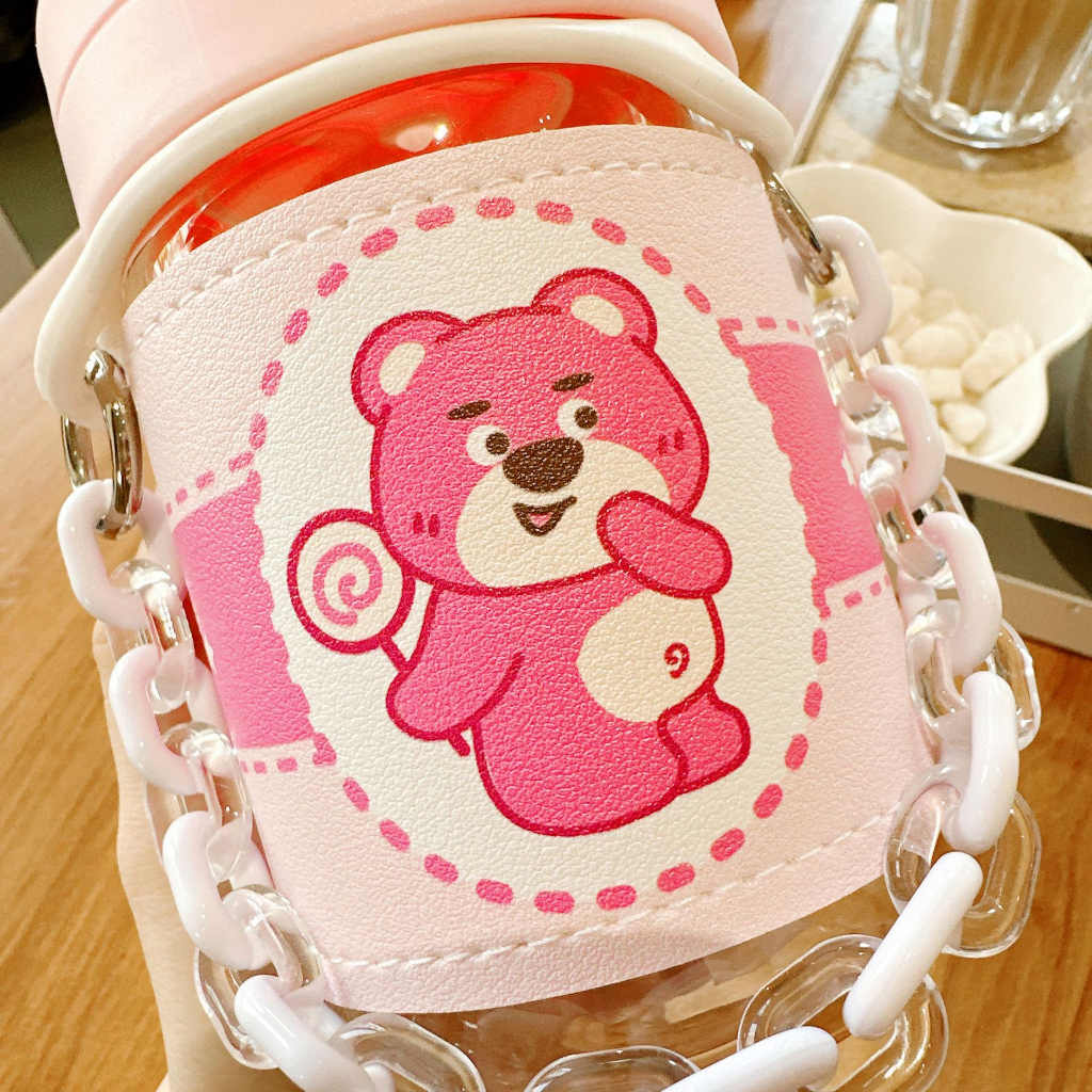 Bình Nước Bọc Da Gấu Hồng PINK BEAR Có Quai Xách Cực Cute 450ml BSQ-593