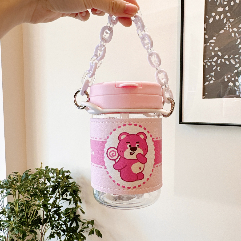 Bình Nước Bọc Da Gấu Hồng PINK BEAR Có Quai Xách Cực Cute 450ml BSQ-593