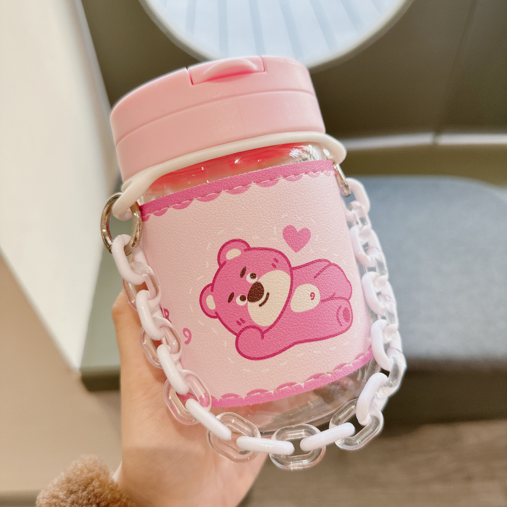 Bình Nước Bọc Da Gấu Hồng PINK BEAR Có Quai Xách Cực Cute 450ml BSQ-593