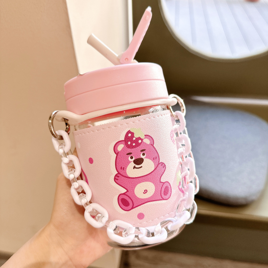 Bình Nước Bọc Da Gấu Hồng PINK BEAR Có Quai Xách Cực Cute 450ml BSQ-593