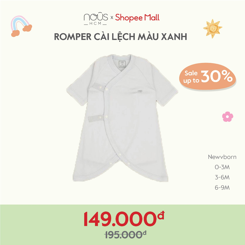 Bộ quần áo cộc Romper cho bé trai, bé gái Nous - Chất liệu Nu Petit ( Cho bétừ 0-3 tháng đến 6-9 tháng)
