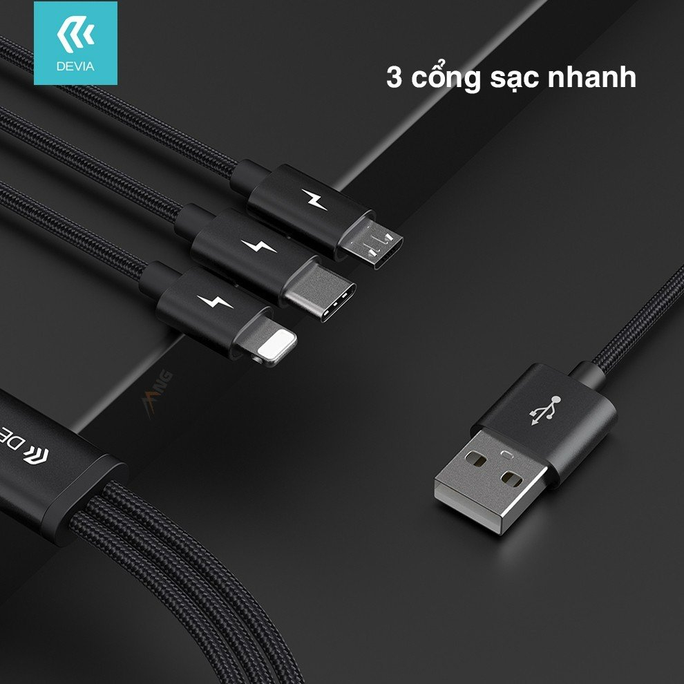 Dây Cáp Sạc ba đầu Devia Lightning, Micro, TypeC  dây dù sạc 3 thiết bị cùng lúc - Hàng chính hãng Bảo hành 12 tháng