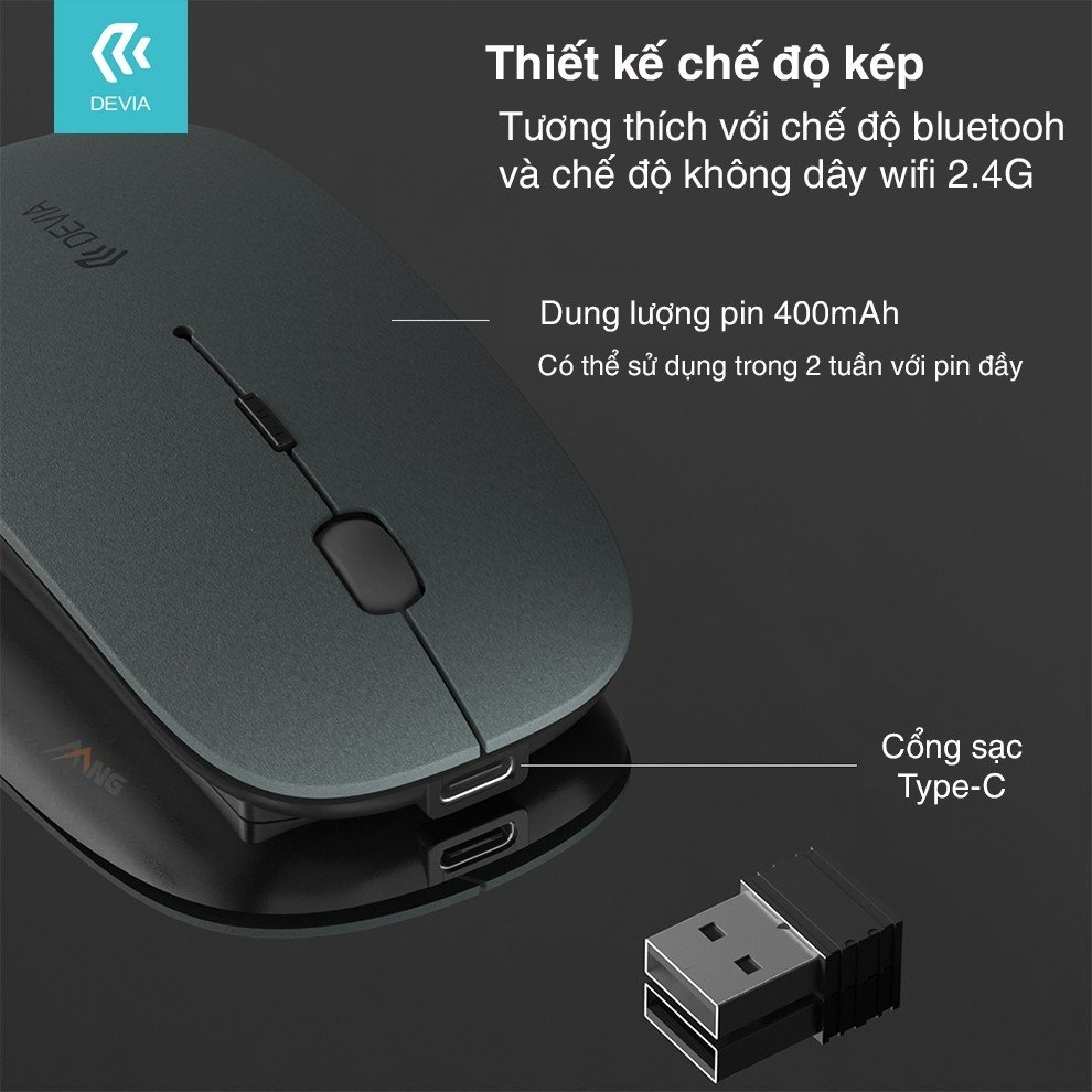 Chuột máy tính gaming không dây Devia 2 chế độ kết nối không dây nhỏ nhẹ pin 400mAh bảo hành 12 tháng