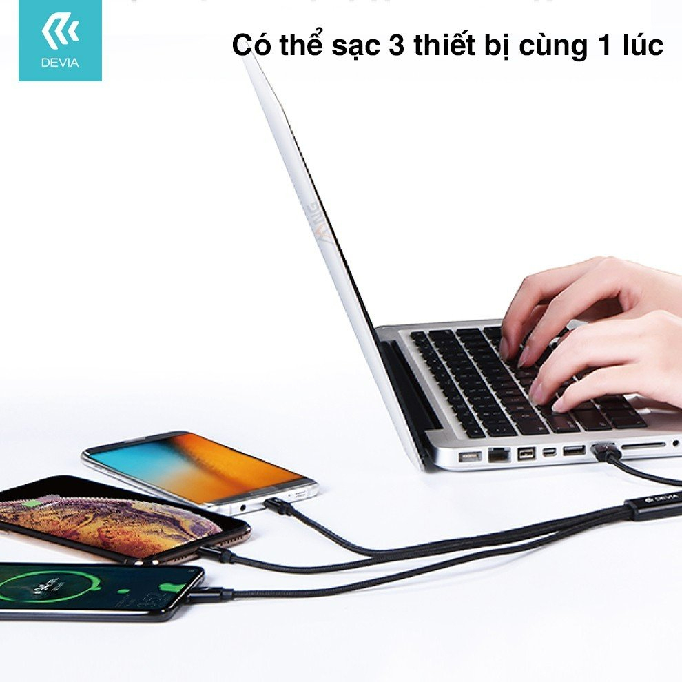 Dây Cáp Sạc ba đầu Devia Lightning, Micro, TypeC  dây dù sạc 3 thiết bị cùng lúc - Hàng chính hãng Bảo hành 12 tháng