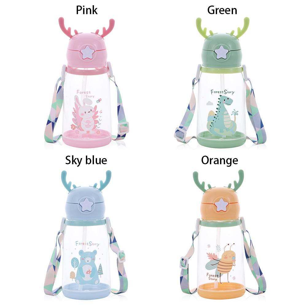 Bình Nước Thể Thao 600ML Có Ống Hút Họa Tiết Sừng Hươu Dễ Thương Cho Bé