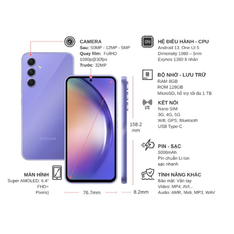 Điện thoại Samsung Galaxy A54 5G  - Hàng Chính Hãng, Mới 100%, Nguyên seal, Bảo Hành 12 Tháng