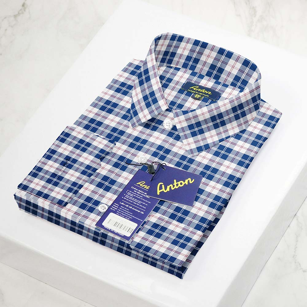 Áo Sơ Mi Nam Sọc Caro Dài Tay Công Sở Cao Cấp Thương Hiệu Anton Họa Tiết Xanh Trắng Vải Cotton Vạt Bầu- AC02