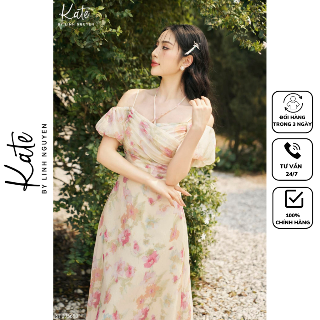 Váy hoa trễ vai tay bum 5680 thời trang Kate by Linh Nguyen