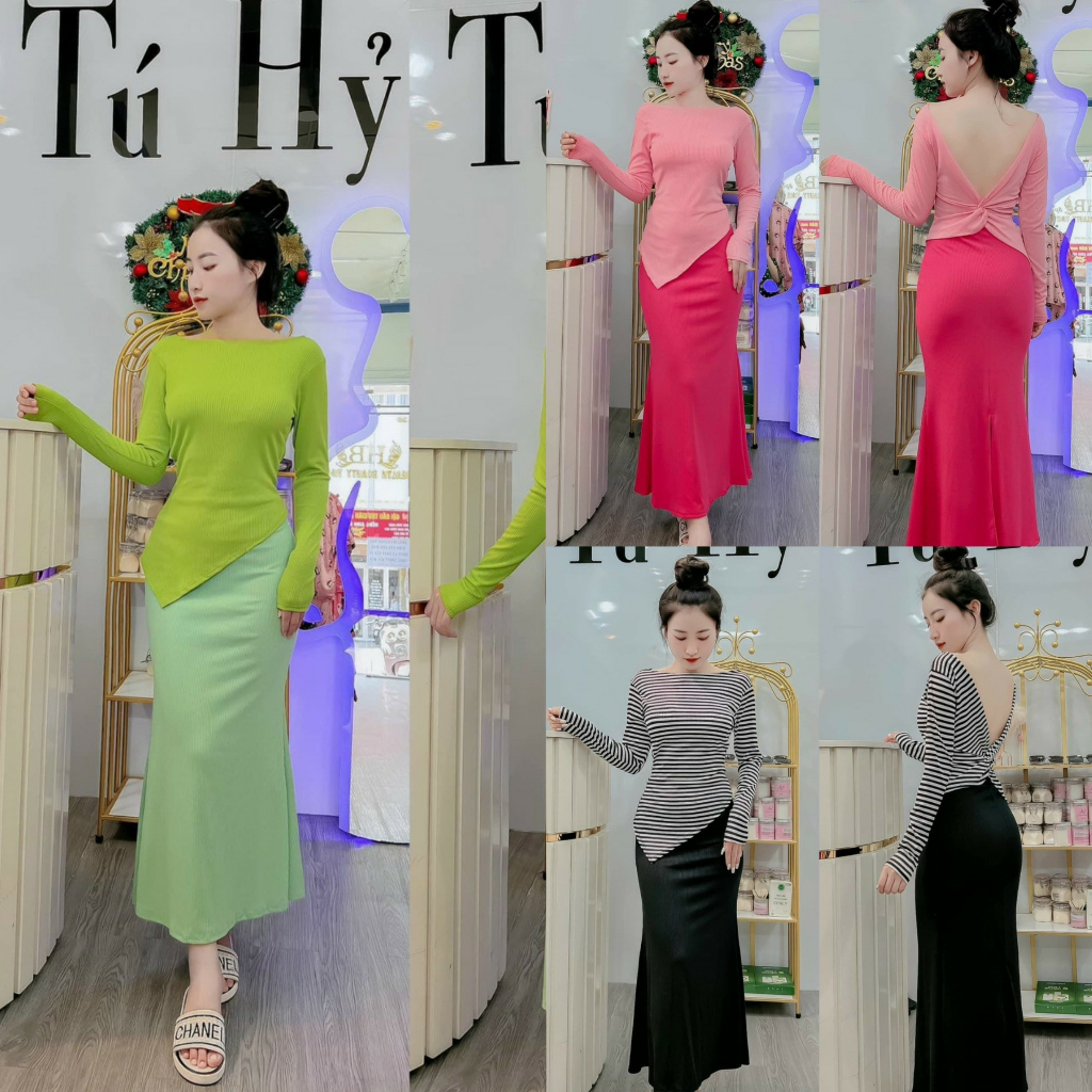 Set chân váy thun gân xòe dài đuôi cá mix áo dài tay dáng chéo hở lưng sexy, quyến dũ [675]