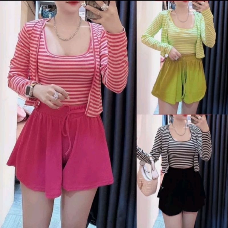 Set Gân 3 Món Áo Ba Lỗ + Quần Đùi Giả Váy + Áo khoác Ngoài TD _ Set 3 Món Quần Đùi