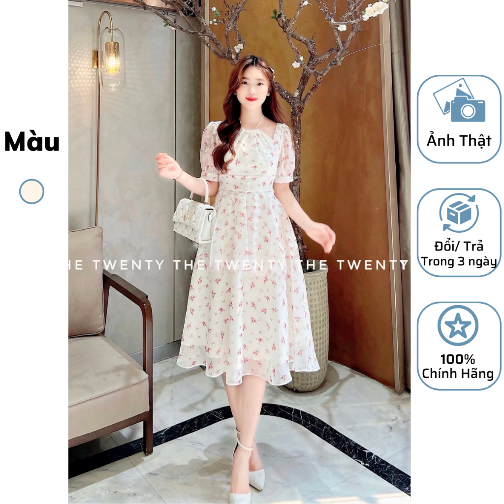 Váy Hoa Nhí Cổ Yếm The Twenty Chất Tơ In Mềm Mại Phù Hợp Đi Tiệc, Đi Chơi T110.