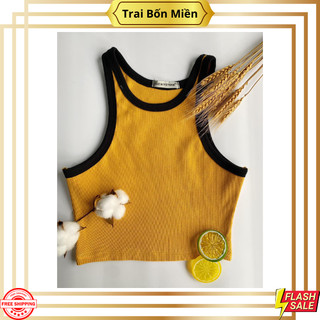 Áo croptop ba lỗ phối viền basic trơn nữ thun gân kiểu ôm body mt-shop