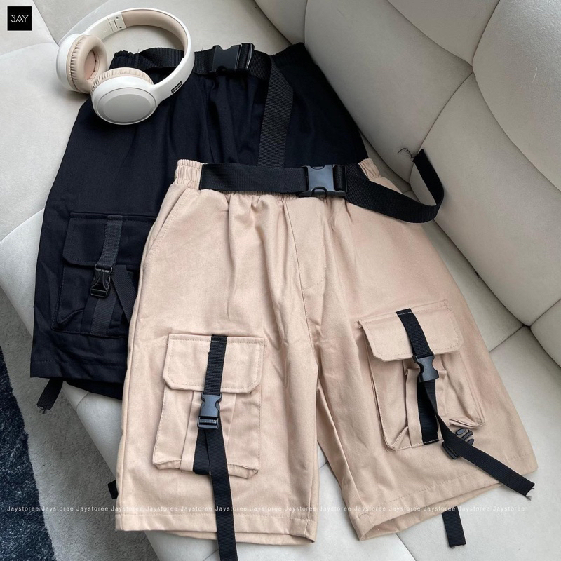 Quần Short Kaki TÚI HỘP 4 túi màu ĐEN/TAN 🖤 Nam nữ unisex 🖤 Quần short cargo box kèm dây belt