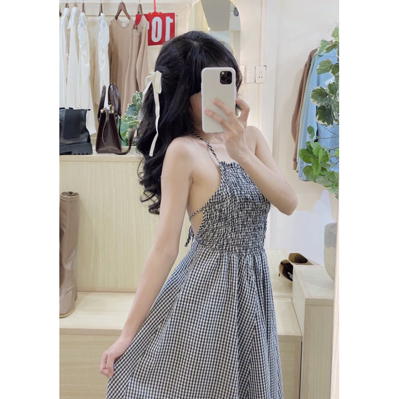 Đầm hai dây cổ yếm kẻ sọc  - D214