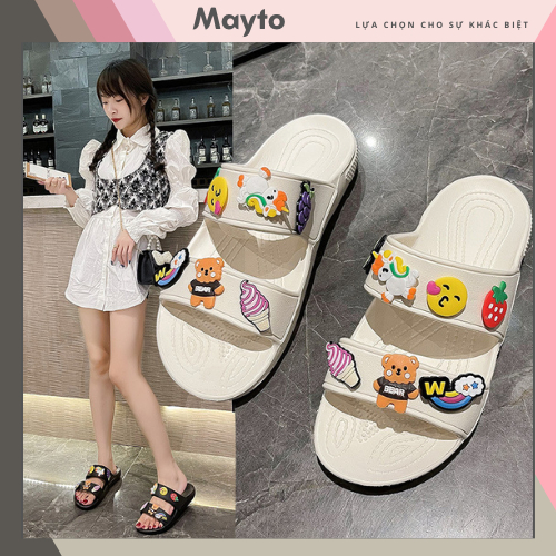 Dép cross sục nữ đế thấp 2cm kèm 14 Jibbitz Summer dễ thương Mayto kiểu dáng dép quai ngang Ulzzang Hàn Quốc CS-12
