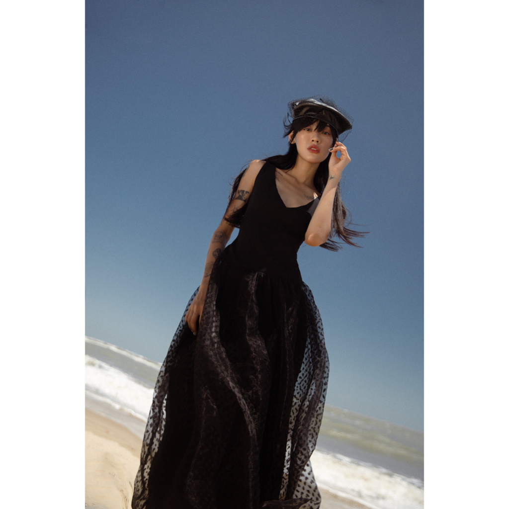 Đầm dự tiệc dáng xoè cổ V THE COUNTRY Noir Starry Night Dress vải thun phối voan đen