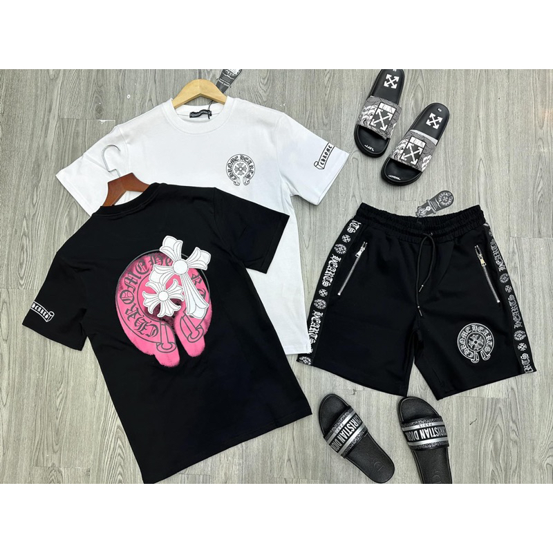 Áo phông Chrome heart + quần lửng hình thêu da xịn sò, chất nỉ hàn thoáng mát