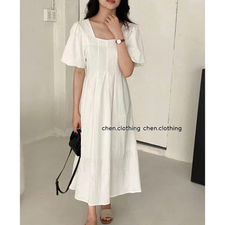 [Ảnh thật] Váy Dáng Dài Phối Xếp Ly Chất Nhăn Cổ Vuông Tay Bồng Có Thắt Dây Eo Tiểu Thư Phong Cách Hàn Quốc