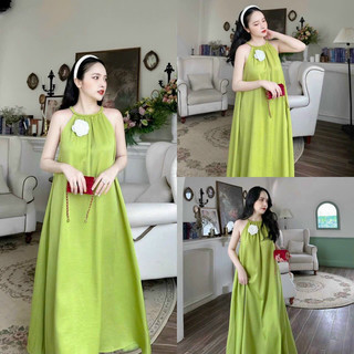 Đầm maxi cổ yếm dáng suông dài đính hoa phom dáng rộng rãi thoải mái