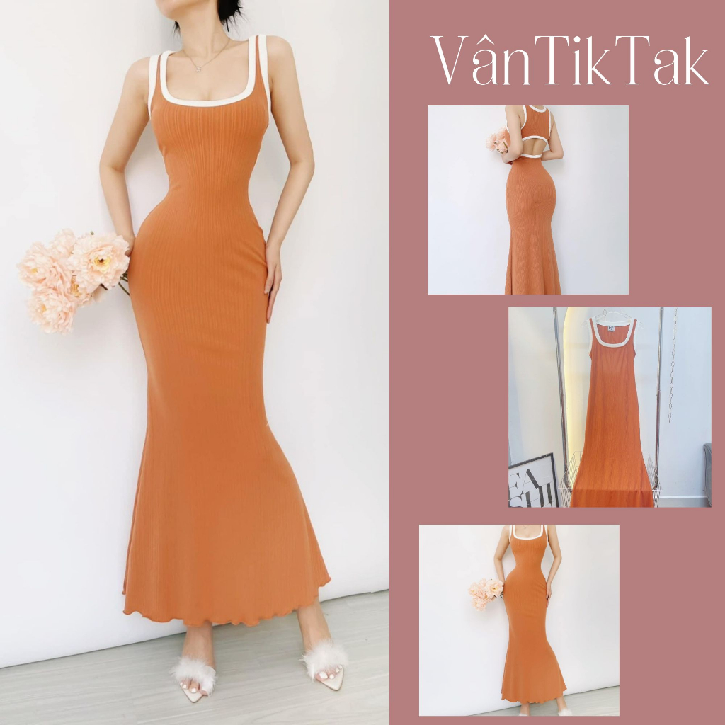 Đầm body sexy dự tiệc sang, đầm hở lưng dáng dài đuôi cá viền hai màu đen cam tôn dáng