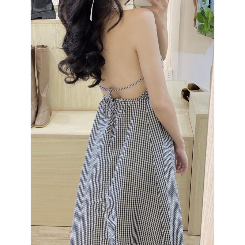 Đầm hai dây cổ yếm kẻ sọc  - D214