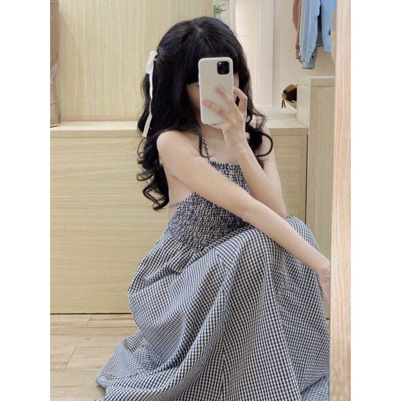 Đầm hai dây cổ yếm kẻ sọc  - D214