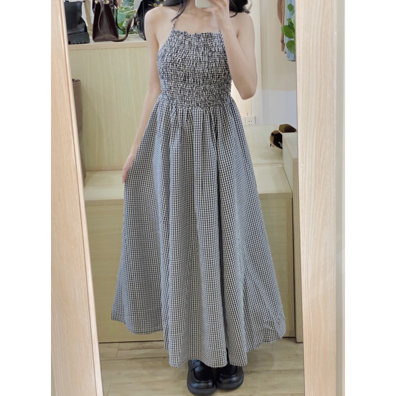 Đầm hai dây cổ yếm kẻ sọc  - D214