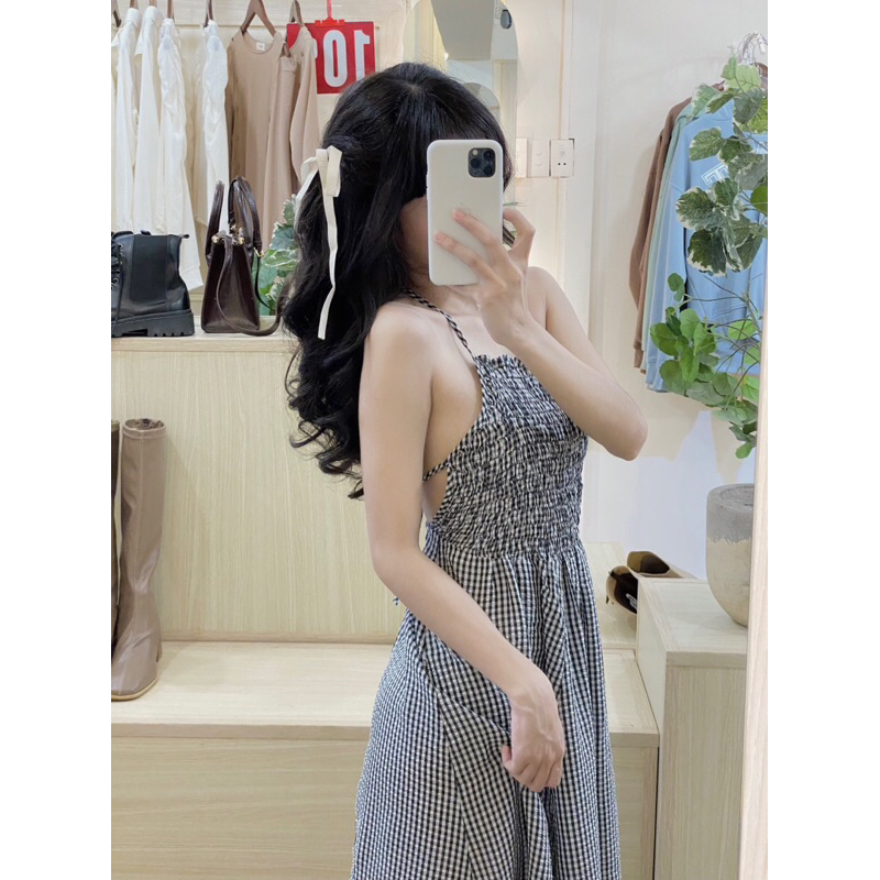 Đầm hai dây cổ yếm kẻ sọc  - D214