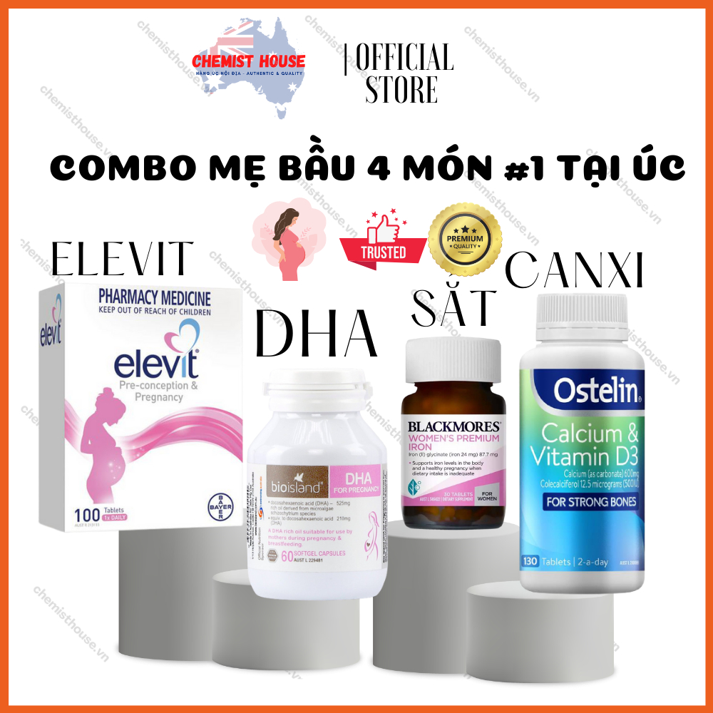 Combo Vitamin cho Mẹ Bầu 4 món (Elevit bầu hồng tổng hợp + DHA Bio Island + Canxi Ostelin + Sắt Blackmores)