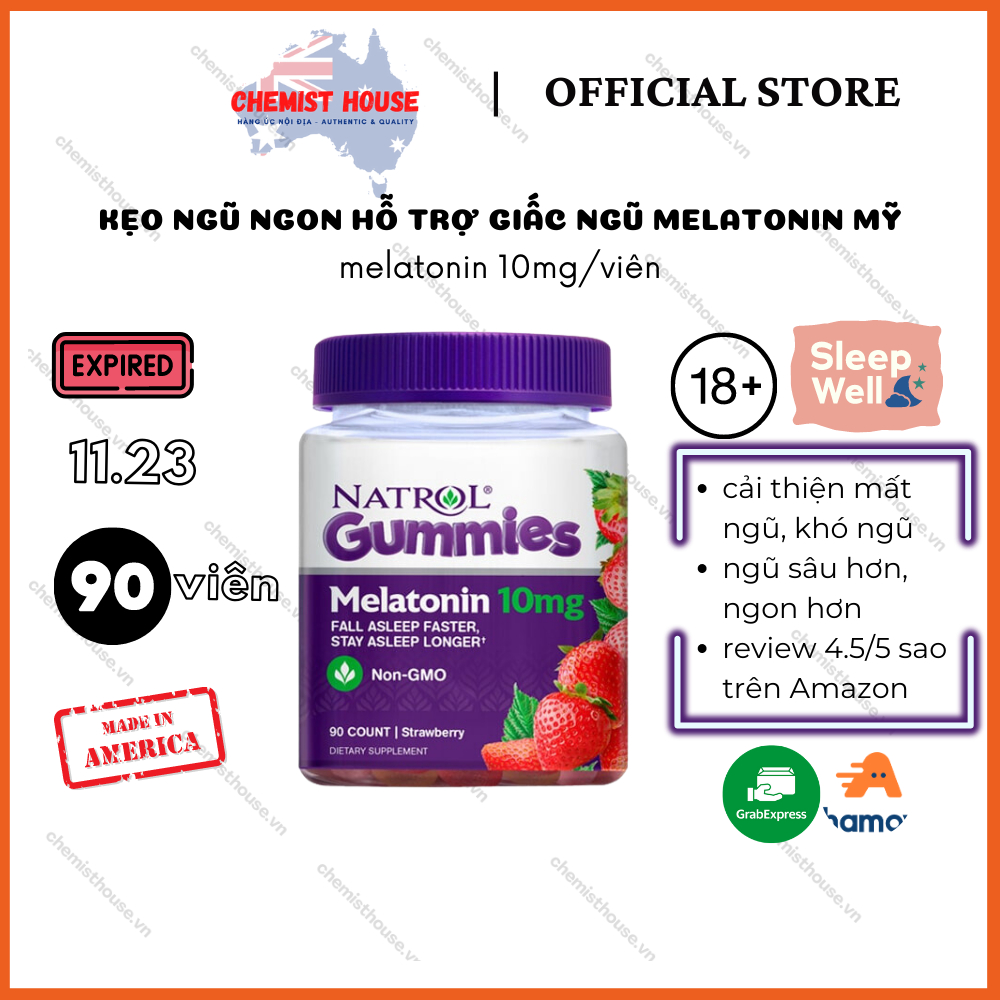 [Hàng Mỹ] Kẹo dẻo ngủ ngon Natrol Gummies Melatonin 10mg vị dâu sảng khoái khi ngũ dậy không biến đổi g.en