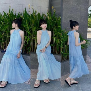 (Hàng L1) Váy Maxi Tơ Xanh Cổ Yếm Nơ Lưng