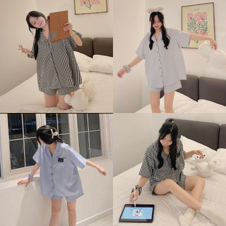Set Đồ Bộ Nữ Kẻ Caro Form Rộng Kiểu Basic 3 Màu Xanh Đen Xám GUAR 8131