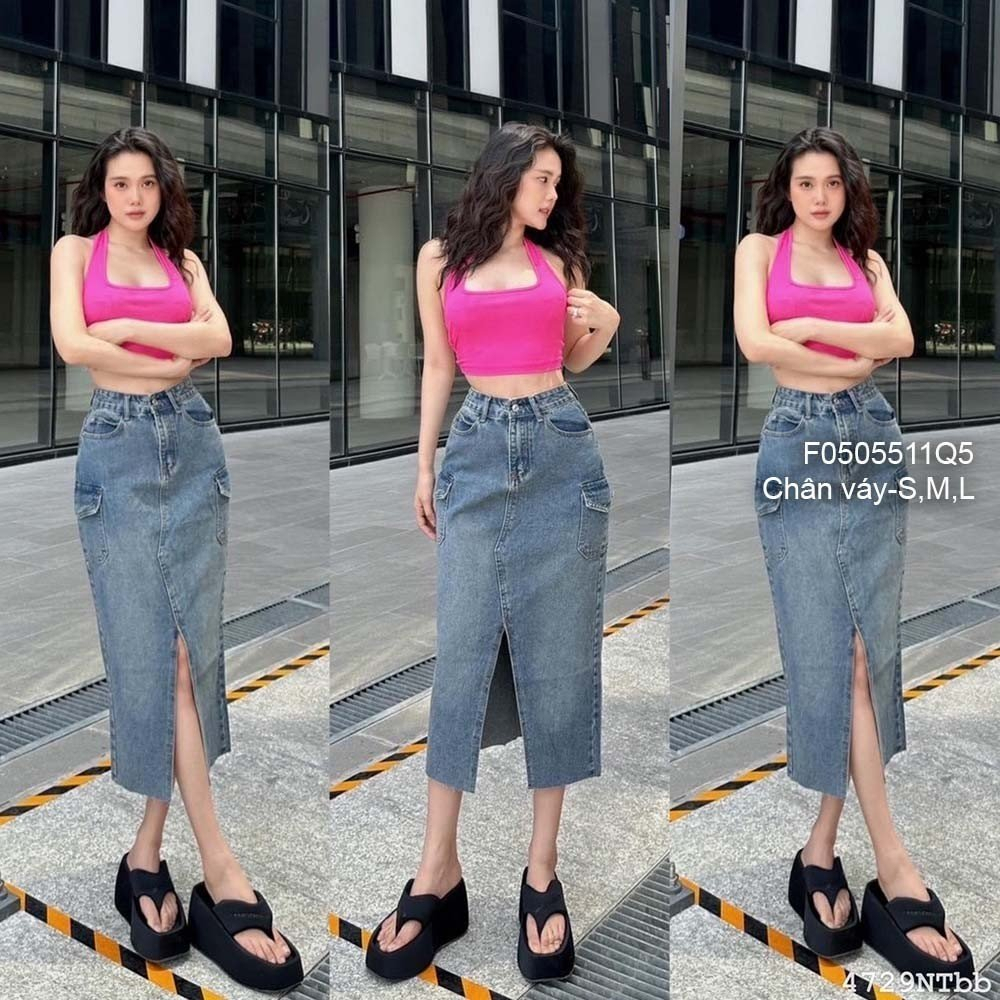 Chân váy jean đẹp cực dáng dài đắp túi hai bên phối 4 nút! HÀNG VNXK