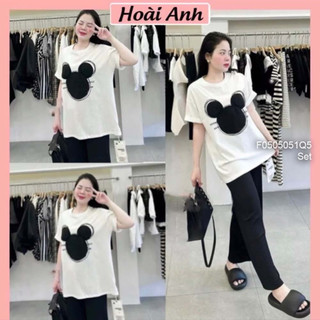 Set bộ áo thun hình chuột mickei nổi phối quần ống suông dập ly