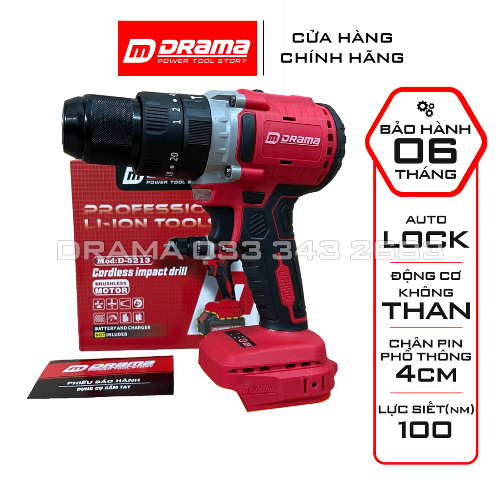 Thân Máy Khoan Pin DRAMA D5213, Lực Siết 100N.m, 3 Chức năng, Đầu kẹp 13mm Autolock Chân phổ thông 4cm