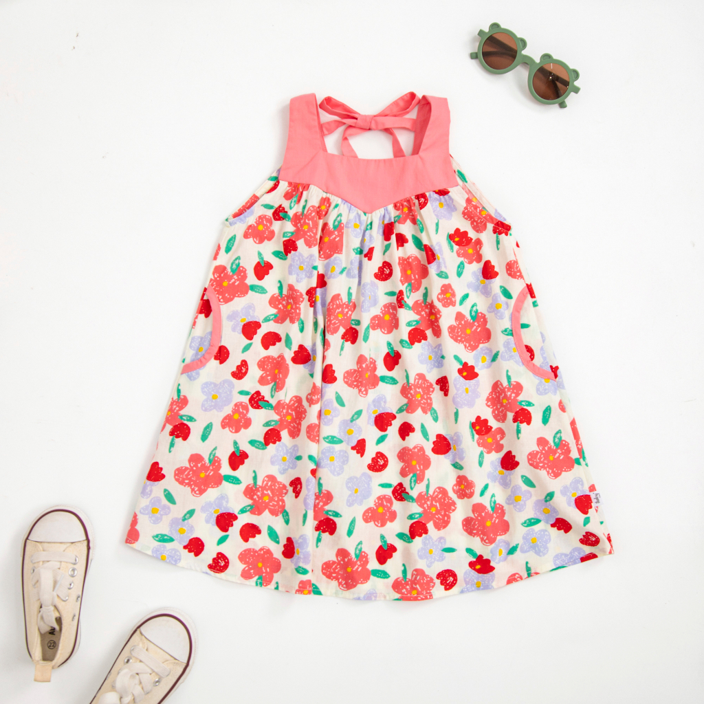 Váy họa tiết bé gái ILABY cổ vuông sát nách phối màu chất liệu thô hoa mềm mại cho bé 2-11 tuổi [10IG1623C3FT]