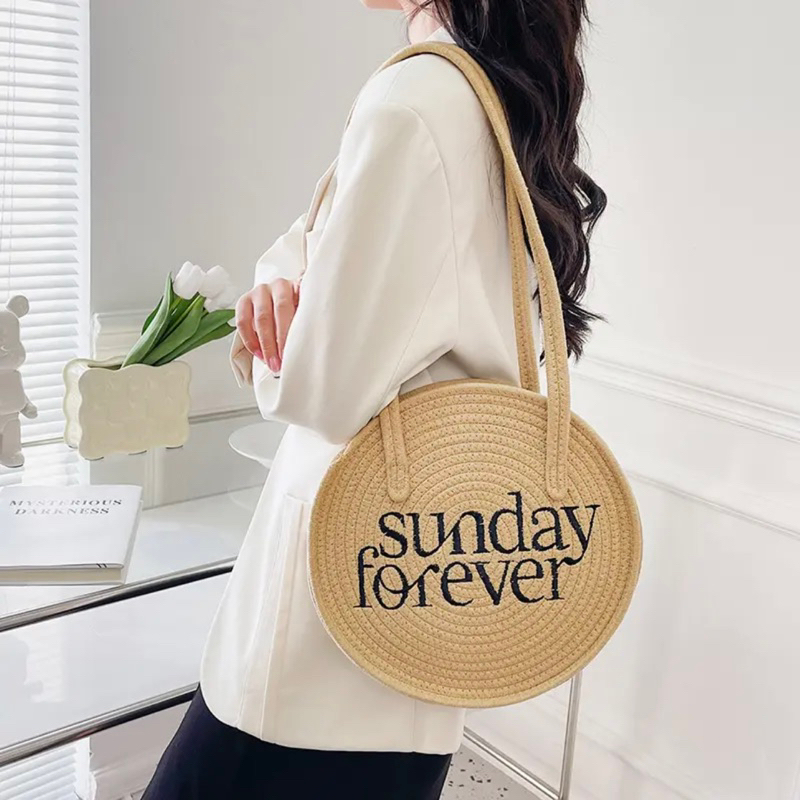 Túi vải đan tay, túi cói đan tay hình tròn đi chơi đi du lịch phong cách vintage cho bạn gái